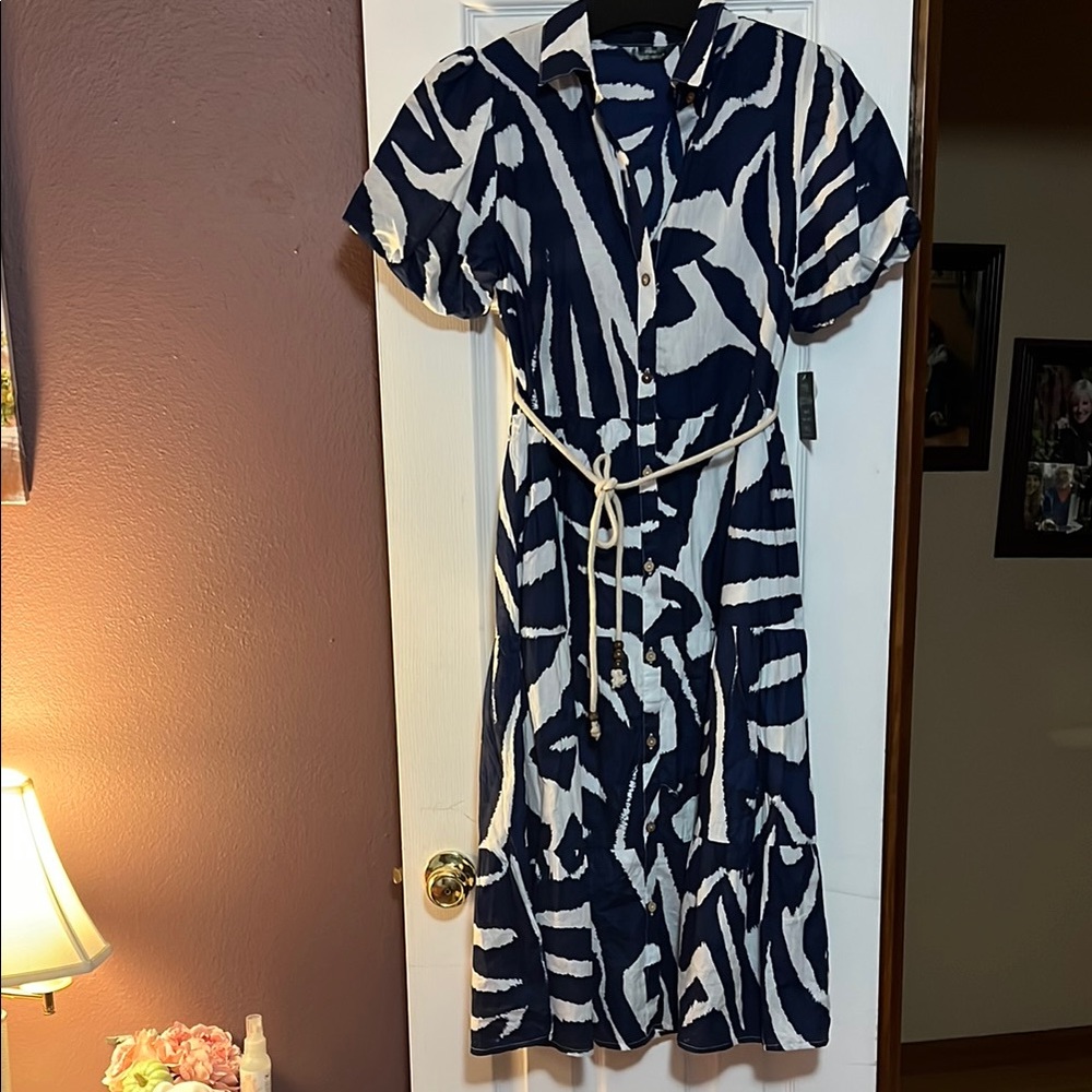 Mlle Gabrielle Zebra Print Midi Dress in Navy Royal blue and White